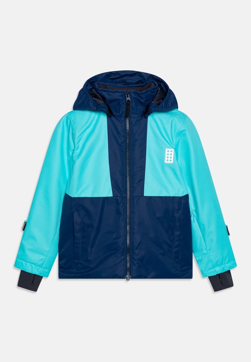 Kapuzenshirt mit Reißverschluss, Türkis- und Marineblau-Farbblöcken, elastischen Bündchen und einem Logodetail auf der Brust. Glattes, leichtes Material.