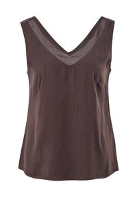 Top sans manches en V en tissu lisse couleur marron foncé, avec un panneau en maille transparente au niveau du col et une coupe décontractée.