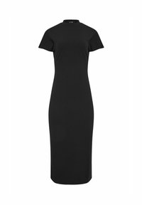 Robe noire midi avec des manches courtes, un col haut et une silhouette ajustée. Fabriquée en tissu lisse et extensible. Sans motifs ni accessoires visibles.