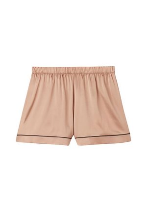 Pantalones cortos beige de tela satinada con cintura elástica y detalle de ribete negro a lo largo del dobladillo, vistos desde arriba sobre fondo blanco.