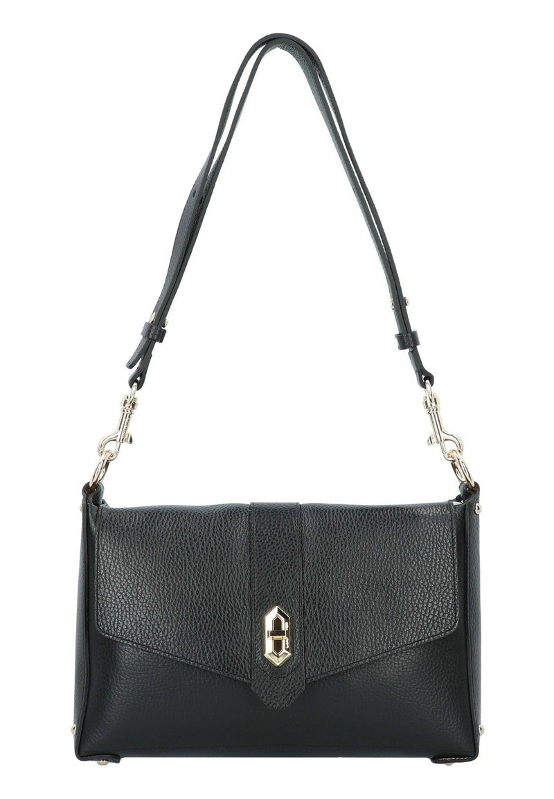 Sac à main en cuir noir avec une finition texturée, doté d'un fermoir en métal doré, d'une fermeture rabat et d'une bandoulière réglable.