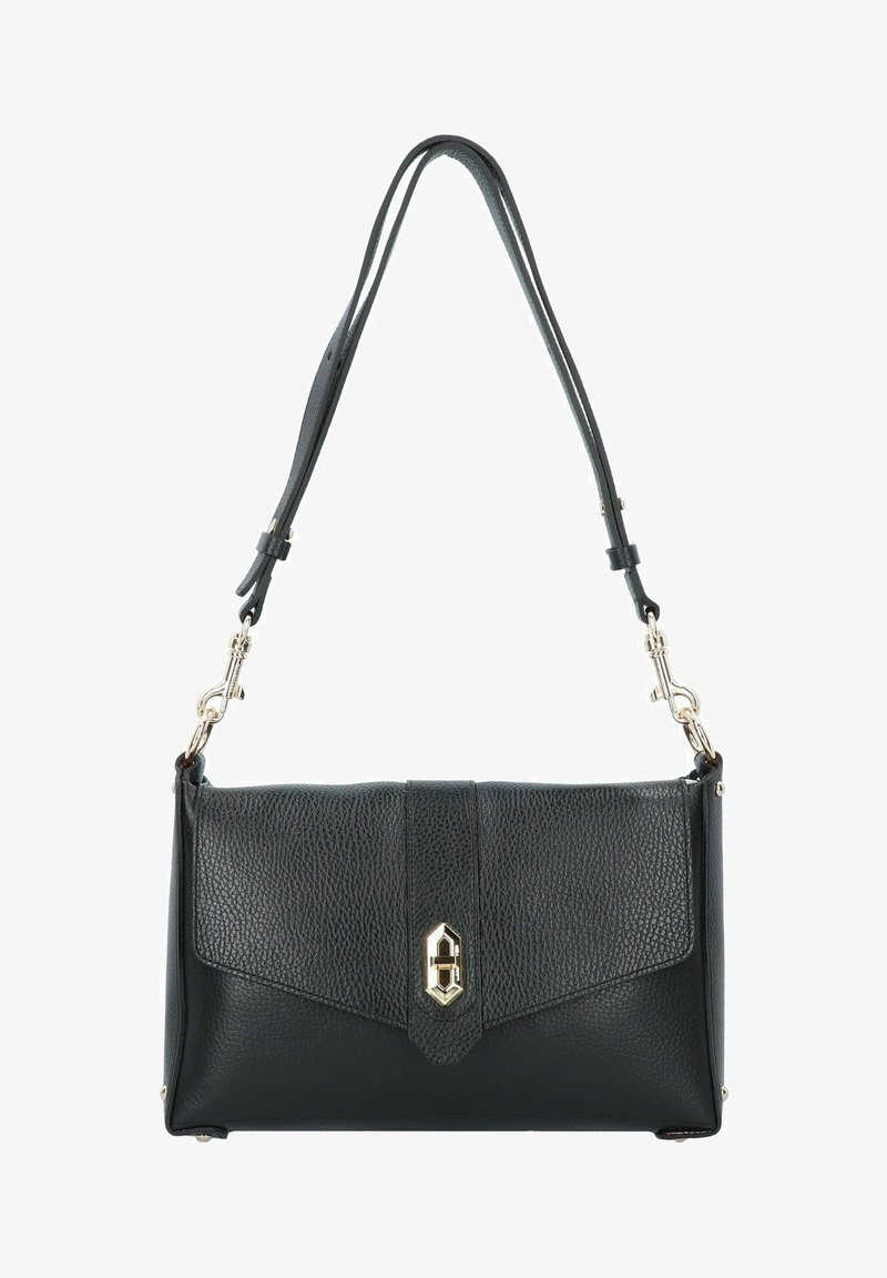 Sac à main en cuir noir avec une finition texturée, doté d'un fermoir en métal doré, d'une fermeture rabat et d'une bandoulière réglable.