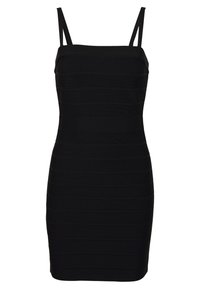 Černé bodycon šaty s tenkými ramínky, se žebrovanou texturou a fitted siluetou, navržené pro elegantní vzhled.