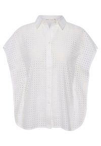 Camicia bianca con bottoni, caratterizzata da un motivo quadrato perforato, maniche corte, colletto aperto e orlo curvo. Tessuto testurizzato.