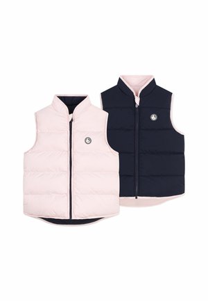 Reversibel puffer vest med quilte-design, lyserosa på den ene siden og marineblå på den andre, med høy krage og glidelåslukking.