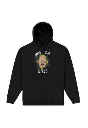 Schwarzer Hoodie mit Fronttasche, mit einer Cartoon-Glatze mit gelbem Leuchten und dem Text "Hey du! Jungs" über und unter dem Gesicht.