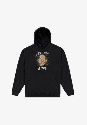 Schwarzer Hoodie mit Fronttasche, mit einer Cartoon-Glatze mit gelbem Leuchten und dem Text "Hey du! Jungs" über und unter dem Gesicht.