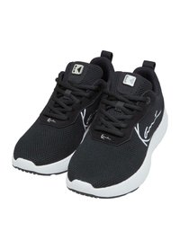 Baskets de sport noires avec une tige en mesh, semelle blanche et détail de logo sur le côté. Caractéristiques d'un design à lacets et d'une languette au talon pour un enfilage facile.