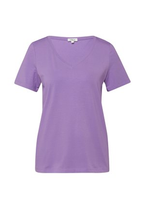 Fliederfarbenes Damen-T-Shirt mit kurzen Ärmeln und V-Ausschnitt, regulärer Passform und dezenten Nähtedetails.