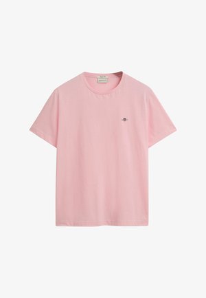 Rosa bomull t-skjorte med korte ermer, rund hals og en liten logo brodert på brystet. Enkelt, uformelt design.