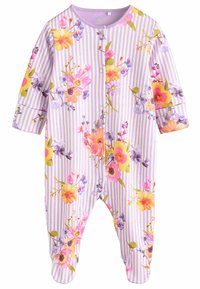 Lavandų spalvos bodis su gėlių raštu ir vertikaliomis juostelėmis. Turi spaudžiamus užsegimus ir minkštą audinį. Spalvos apima rožinę, geltoną ir violetinę.