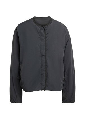 Black lightweight jacket with a round neckline, no fasteners, gathered front design, and elastic cuffs. Smooth, satin-like texture.