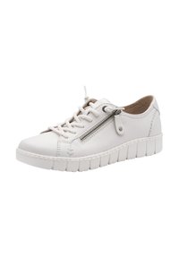 Baskets basses blanches décontractées avec fermeture éclair latérale, laçage à l'avant, détails surpiqués et semelle épaisse rainurée pour le confort et le style.