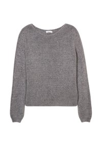 Suéter gris de punto con escote redondeado y mangas largas. La tela tiene una apariencia suave y texturizada, con un corte holgado.