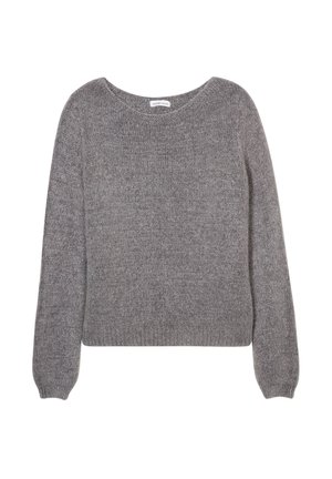 Grau gestrickter Pullover mit rundem Ausschnitt und langen Ärmeln. Der Stoff hat eine weiche, strukturierte Optik und eine lässige Passform.