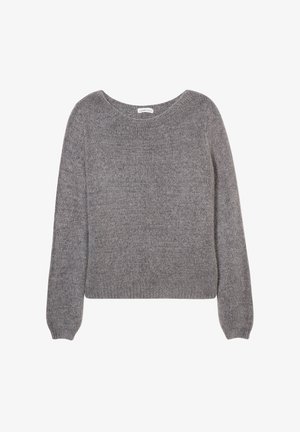 Grau gestrickter Pullover mit rundem Ausschnitt und langen Ärmeln. Der Stoff hat eine weiche, strukturierte Optik und eine lässige Passform.