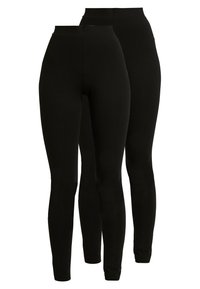 Leggings pretos feitos de um tecido elástico, com uma cintura alta, design ajustado e bainhas até ao tornozelo. Cor sólida e simples.