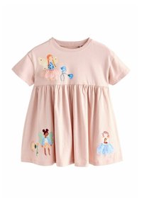 Short-sleeve pink dress with a gathered waist, featuring colorful fabric appliqués of fairies and flowers, made from soft cotton material.