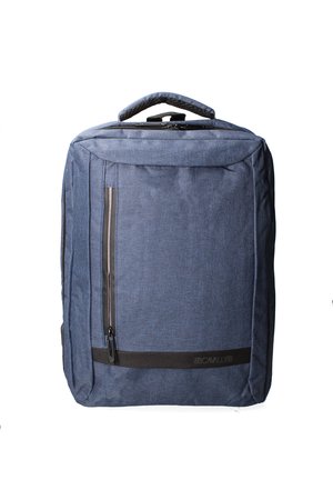 Blue fabric backpack with a top handle, front zip pocket, and black accent band. Rectangular shape with a textured finish. Durable design.