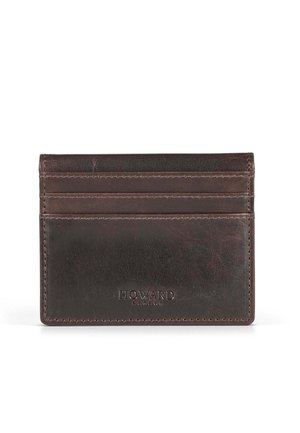 Brown leather cardholder with multiple slots, embossed brand name, and stitched edges. Smooth texture, rectangular shape.