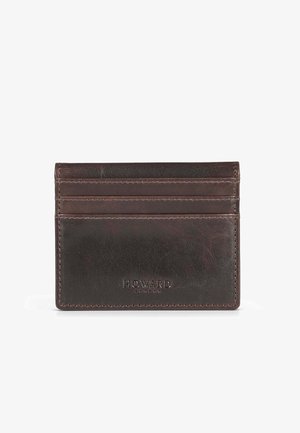 Brown leather cardholder with multiple slots, embossed brand name, and stitched edges. Smooth texture, rectangular shape.