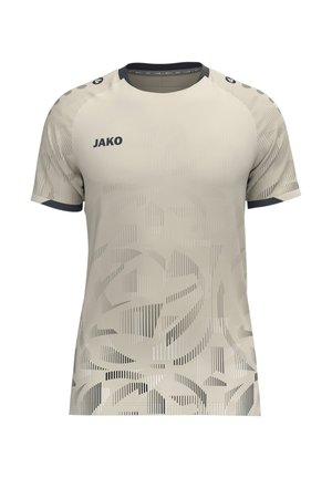 Hellgraues Sportshirt mit kurzen Ärmeln und subtil abstraktem geometrischem Muster, schwarzem Kragenabschluss und „JAKO“-Logo auf der linken oberen Brust.
