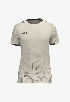 Lichtgrijs sportshirt met korte mouwen en een subtiel abstract geometrisch patroon, zwarte kraagafwerking en "JAKO"-logo op de linkerbovenkant van de borst.