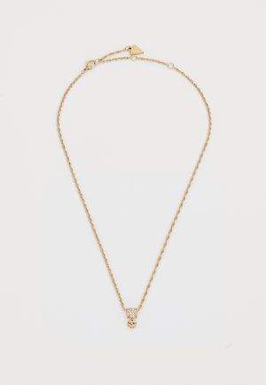 Gouden ketting met een gedraaide schakels, met een hanger met een kleine stud en een ronde charme eronder.