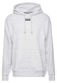 Ljusgrå Adidas-hoodie med frontficka, justerbar dragskohuva, rippade ärmslut med tre vita ränder och liten logopatch på bröstet.
