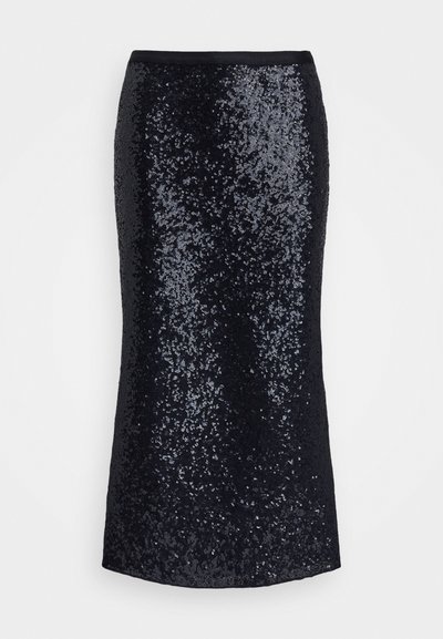Schwarze Pailletten-Bleistiftrock mit enganliegendem Design, glattem Bund und glänzender, strukturierter Oberfläche, geeignet für formelle Anlässe.