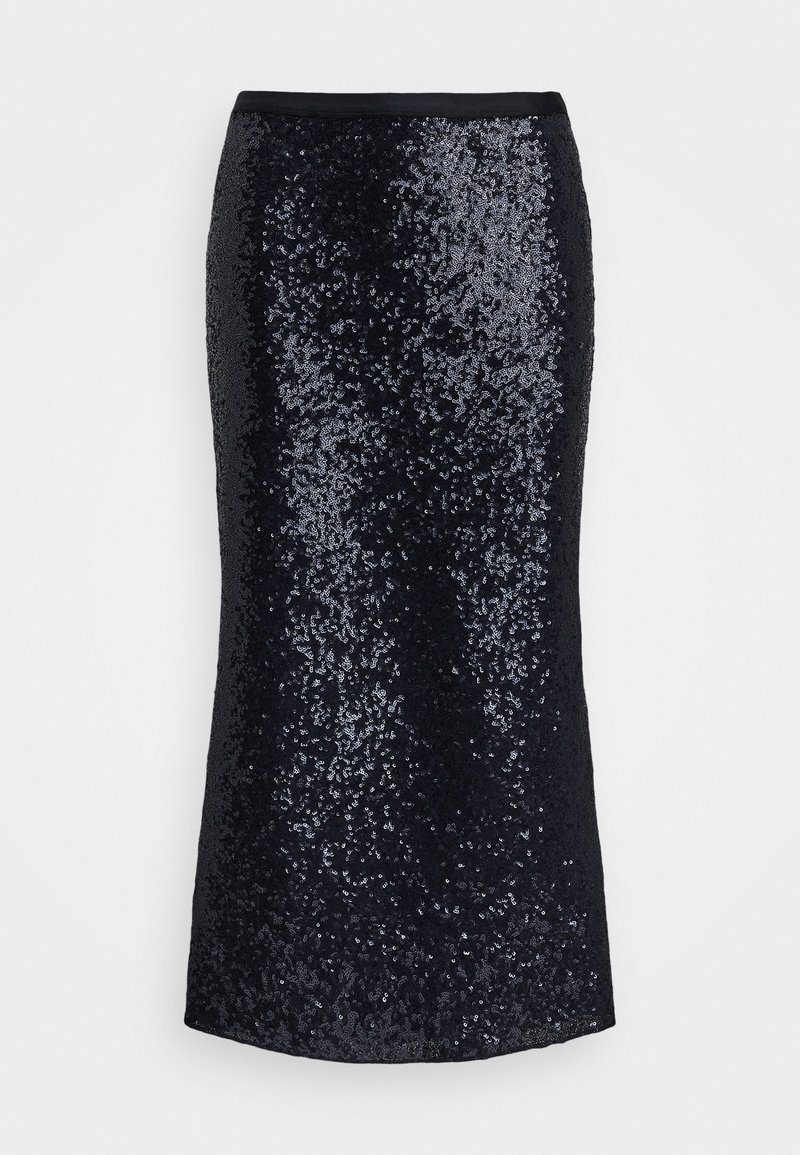 Schwarze Pailletten-Bleistiftrock mit enganliegendem Design, glattem Bund und glänzender, strukturierter Oberfläche, geeignet für formelle Anlässe.