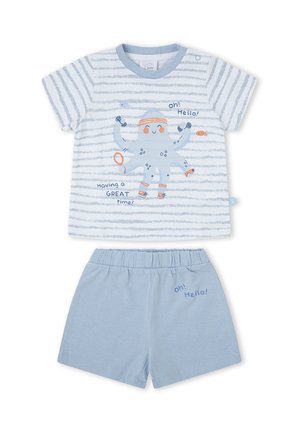 Camiseta de bebé a rayas blanca y azul con un pulpo sosteniendo artículos de gimnasio y pantalones cortos azul claro a juego con el texto "¡oh! ¡Hola!".