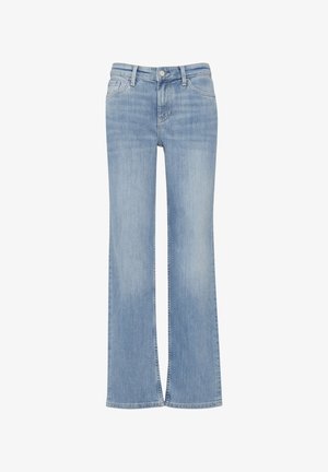 Lichtblauwe uitlopende jeans van denim, met een vijf-pocket ontwerp, een knoopsluiting en subtiele vervaging voor textuur.