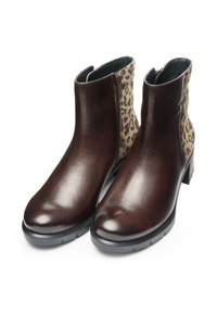 Brown leather ankle boots with a leopard print fabric panel, side zippers, and textured rubber soles for grip. Smooth surface finish.