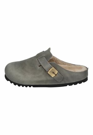 Gray leather clog with a rounded toe, soft inner lining, adjustable strap, and a gold-tone buckle. Textured sole for grip.