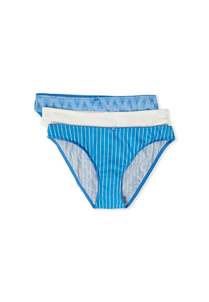 Tre paia di mutandine da donna: in un solido blu chiaro, crema e a righe blu. Materiale in cotone con vita elastica e motivi decorativi.