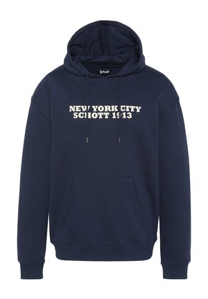 Sudadera azul marino con un bolsillo frontal, que presenta texto blanco: "NUEVA YORK SCHOTT 1913." Incluye capucha con cordón y puños de canalé.