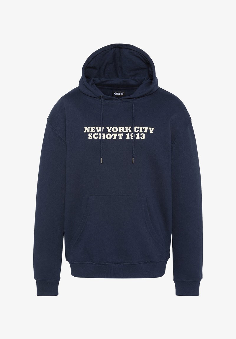 Navyblauer Hoodie mit einer frontalen Tasche, mit weißem Text: "NEW YORK CITY SCHOTT 1913." Enthält eine Kapuze mit Kordelzug und gerippte Bündchen.