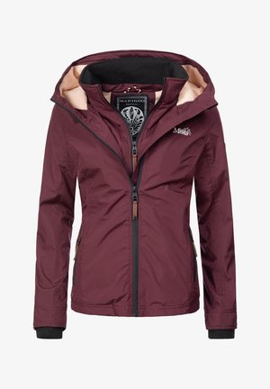 Burgundy insulated jacket featuring a hood, zippered front, ribbed cuffs, and a soft interior lining. Logo embossed on the chest.