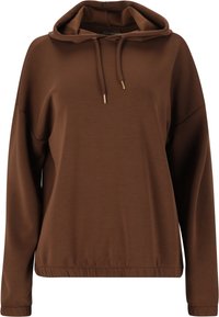 Sweat à capuche brun avec une coupe décontractée, capuche à cordon et extrémités en accent doré. Fabriqué en tissu doux avec des poignets et un ourlet côtelés.