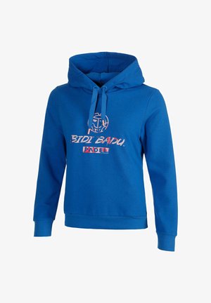 Sweat à capuche bleu avec cordons, présentant les textes "BIDI BADU" et "PADEL" ainsi qu'un logo de visage stylisé sur la poitrine.