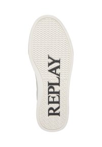 Semelle d'une chaussure blanche avec un motif de bande de roulement en zigzag et le nom de la marque "REPLAY" en grandes lettres noires.