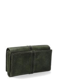 Dunkelgrünes Lederportemonnaie mit strukturiertem Finish, ausgestattet mit einem Klappdesign und kontrastierenden schwarzen Nähte.