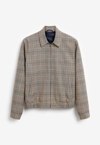 Rutet jakke i beige, brun og hvid med krave, lynlås foran og sidelommer. Fremstillet af tekstureret vævet stof.