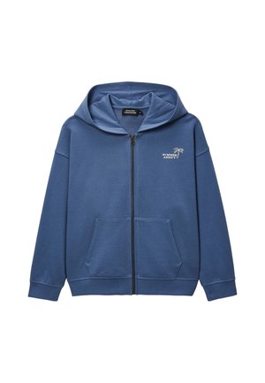 Sweat à capuche zippé bleu avec poches à l'avant, capuche et petit texte blanc ""Summer Addict"" ainsi qu'un motif de palmier sur la poitrine.