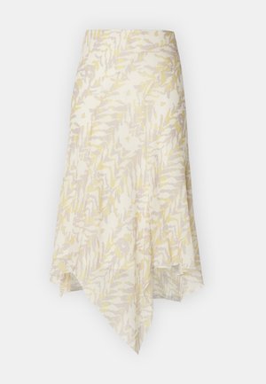 Asimetrična krila iz lahkega materiala, s svetlo bež osnovo in mehkimi rumenimi ter sivo abstraktnimi vzorci, s tekočim robom.