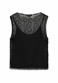 Débardeur en dentelle noire avec une coupe ample, une texture en tissage ouvert, un large col et un design sans manches. Remarquable pour son motif élaboré.