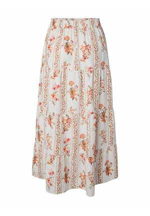Valge midi seelik elastse vöökohaga, kihiline disain ja vertikaalsed lillemustrid oranži, roosa ja rohelise toonides.
