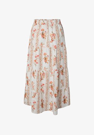 Valge midi seelik elastse vöökohaga, kihiline disain ja vertikaalsed lillemustrid oranži, roosa ja rohelise toonides.