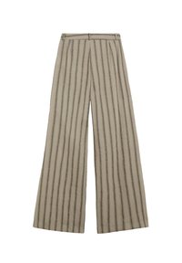 Pantalones de pierna ancha en una tela beige clara con rayas oscuras verticales, con un diseño plisado y una cinturilla.